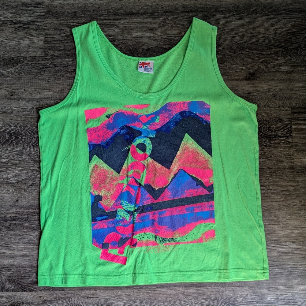 80's Reebok Vibrant Green and Pink Graphic Tank Top